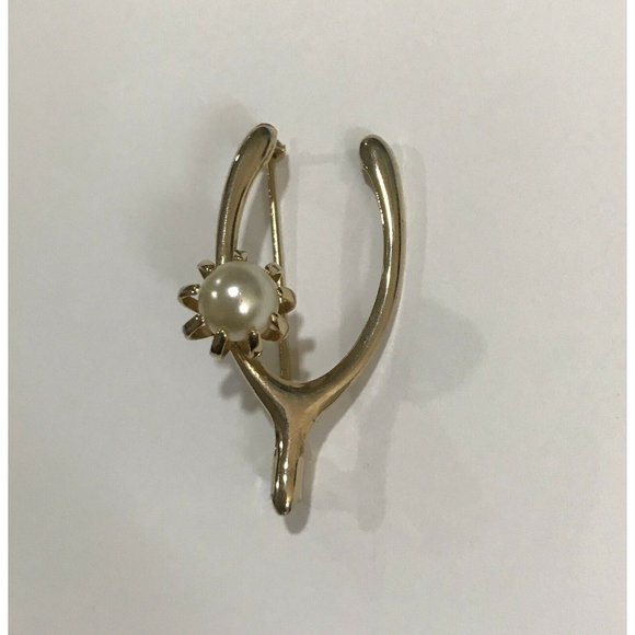 VINTAGE WISHBONE BROOCH GOOD LUCK SYMBOL GOLD TONE METAL PIN FAUX PEARL - Picture 3 of 7